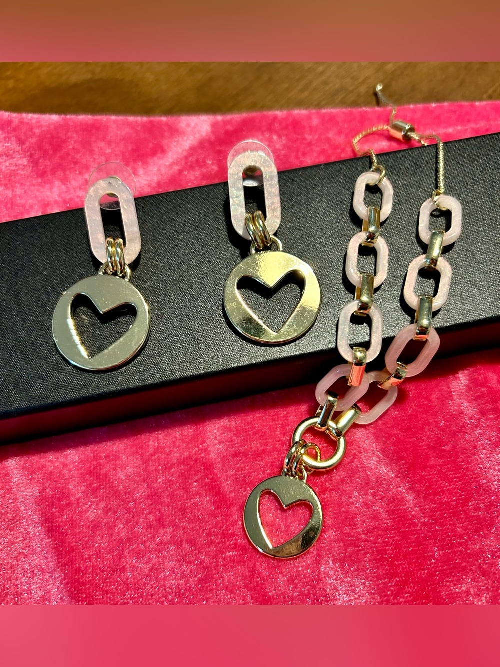 Gold-Tone Heart Pendant Chain bracelet & Earring set -Women Jewelry